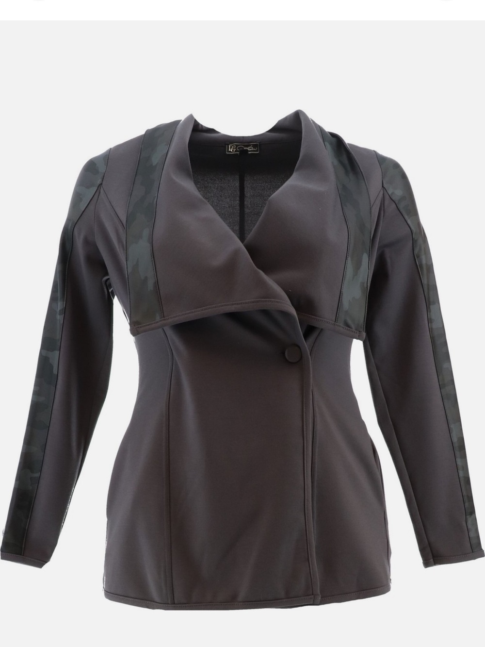 DG2 Diane Gilman Gray Draped Blazer Camo Sleeve Stretch Jacket Womens XL NWT
